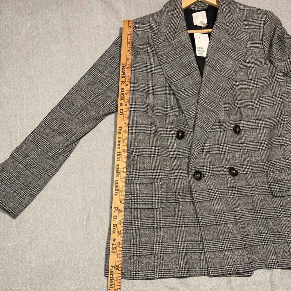 H&M Plaid Double Breasted Blazer Suit Jacket Women 14 Gray Black White NWT Heavy